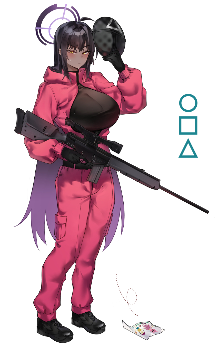 1girl absurdres ahoge black_footwear black_gloves black_hair blue_archive breasts closed_mouth cosplay dark-skinned_female dark_skin drawing_(object) gloves gun helandyck highres holding holding_weapon jumpsuit karin_(blue_archive) large_breasts long_hair looking_at_viewer pink_jumpsuit rifle sniper_rifle solo squid_game sweat very_long_hair weapon worker_(squid_game) worker_(squid_game)_(cosplay) yellow_eyes