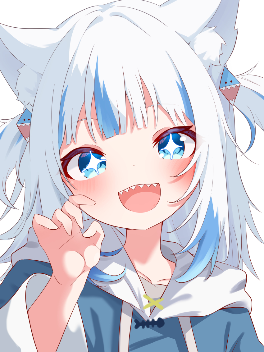 1girl absurdres animal_ear_fluff animal_ears blue_eyes blue_hair blue_hoodie blunt_bangs blush collarbone gawr_gura hair_ornament happy highres hololive hololive_english hood hoodie multicolored_hair open_mouth ryu160303 shark_girl shark_hair_ornament sharp_teeth smile sparkling_eyes streaked_hair teeth two-tone_hair virtual_youtuber white_hair