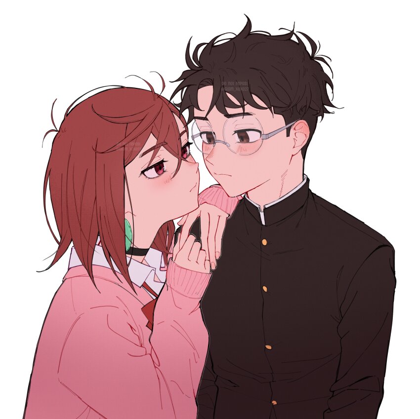 1boy 1girl absurdres ayase_momo black_choker black_hair black_jacket blush bow bowtie brown_eyes brown_hair choker collared_shirt couple dandadan dress_shirt ear_blush earrings gakuran glamoro_27 glasses hair_between_eyes hands_on_another&#039;s_shoulders hashtag-only_commentary highres jacket jewelry long_sleeves looking_at_another loose_bowtie medium_hair messy_hair pink_sweater red_bow red_bowtie red_eyes round_eyewear school_uniform shirt short_hair sleeves_past_wrists sweater takakura_ken_(dandadan) upper_body white_background white_shirt