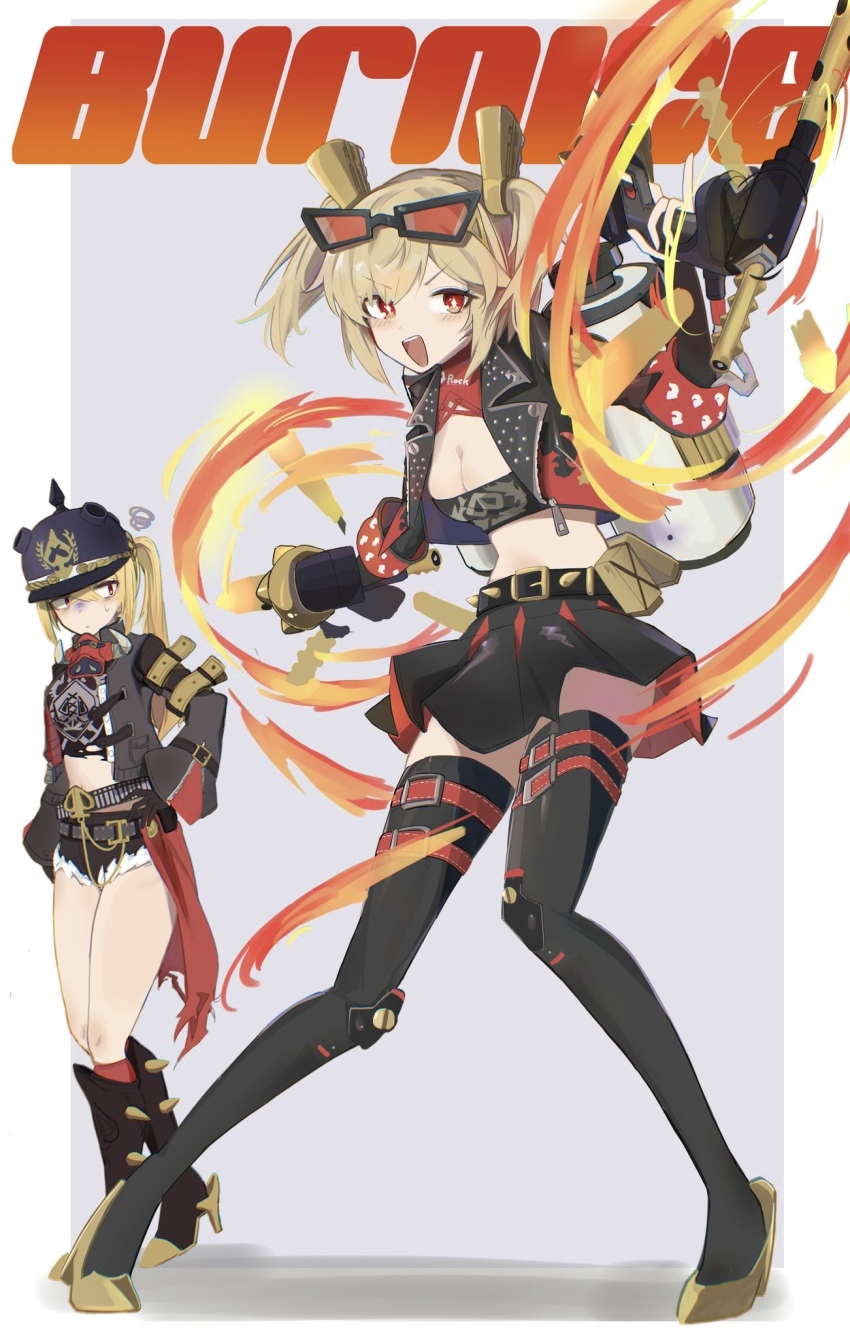 2girls annoyed black_skirt blonde_hair breasts burnice_white character_name cleavage cropped_jacket flamethrower full_body high_heels highres holding holding_flamethrower holding_weapon hukube_kanchou looking_at_another luciana_de_montefio midriff multiple_girls red_eyes short_shorts shorts skirt smile solo_focus standing strapless thighhighs thighs tube_top weapon zenless_zone_zero zettai_ryouiki