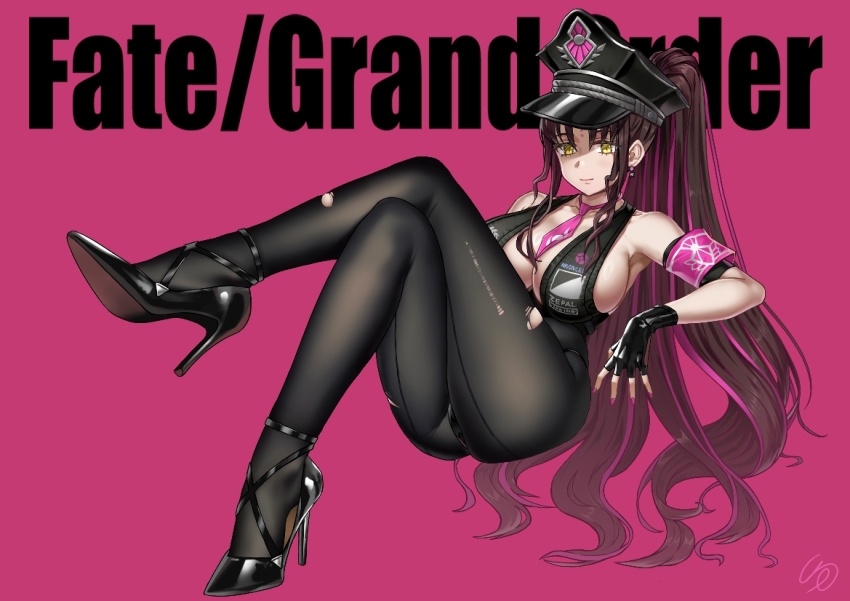 1girl armband bikini black_bikini black_footwear black_gloves black_hair black_hat bodystocking breasts copyright_name fate/grand_order fate_(series) fingerless_gloves ge_(zmq67911029) gloves hat high_heels large_breasts long_hair looking_at_viewer mudra multicolored_hair necktie peaked_cap pink_hair pink_necktie police_hat sessyoin_kiara sessyoin_kiara_(swimsuit_mooncancer) sessyoin_kiara_(swimsuit_mooncancer)_(second_ascension) sitting streaked_hair swimsuit torn_bodystocking torn_clothes very_long_hair vitarka_mudra yellow_eyes