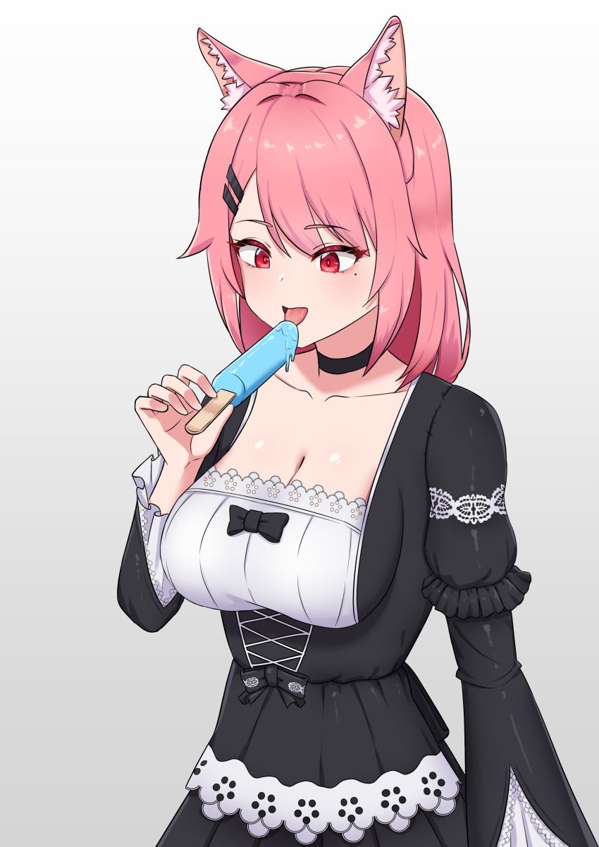 1girl absurdres animal_ears black_choker black_dress borrowed_character breasts choker cleavage commission dress food fox_ears frilled_dress frills hair_ornament hairclip hand_up highres holding holding_food holding_popsicle large_breasts licking long_hair long_sleeves looking_down mole mole_under_eye open_mouth original pink_hair popsicle red_eyes simple_background smile solo spammayoss tongue tongue_out white_background