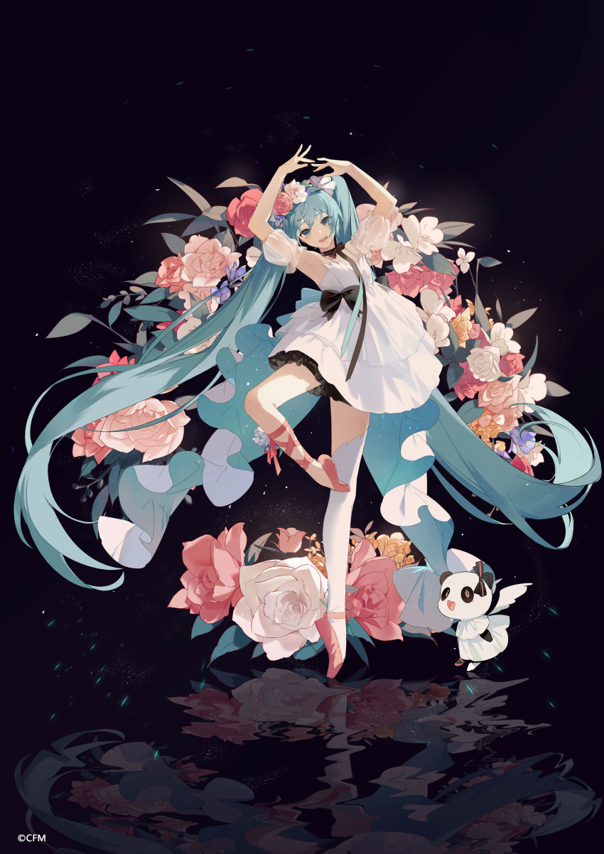 1girl absurdres animal armpits arms_up bad_id bad_pixiv_id ballet ballet_slippers bare_shoulders blue_eyes blue_hair clothed_animal commentary copyright_notice crypton_future_media detached_sleeves dress flower hair_between_eyes hair_flower hair_ornament hatsune_miku head_tilt highres long_hair miku_with_you_(vocaloid) official_art panda pink_flower pink_footwear pink_rose puffy_short_sleeves puffy_sleeves reflection rose see-through_clothes see-through_sleeves shoes short_sleeves single_thighhigh sleeveless sleeveless_dress solo standing standing_on_one_leg thighhighs tiptoes twintails very_long_hair vocaloid white_dress white_flower white_rose white_thighhighs zhibuji_loom