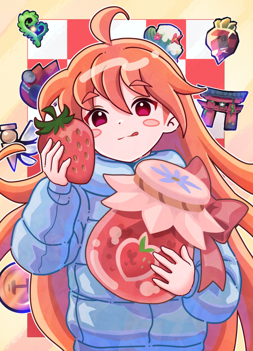 1girl blue_jacket blush_stickers celeste_(video_game) closed_mouth down_jacket food fuwamoko_momen_toufu highres holding holding_food jacket jam jar long_hair looking_at_viewer madeline_(celeste) orange_hair red_eyes solo tongue tongue_out torii upper_body