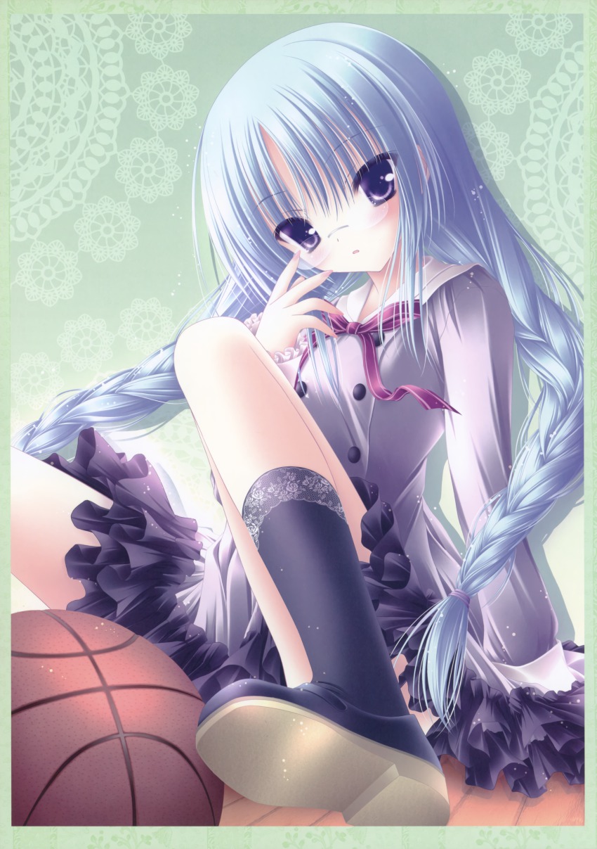 10s 1girl :o absurdres adjusting_eyewear ball basketball basketball_(object) black_socks blue_eyes blue_hair braid child female_focus glasses head_tilt highres long_hair looking_at_viewer matching_hair/eyes nagatsuka_saki open_mouth ribbon rou-kyuu-bu! school_uniform serafuku shoes sitting socks solo spread_legs tinker_bell_(pixiv_10956015) twin_braids very_long_hair