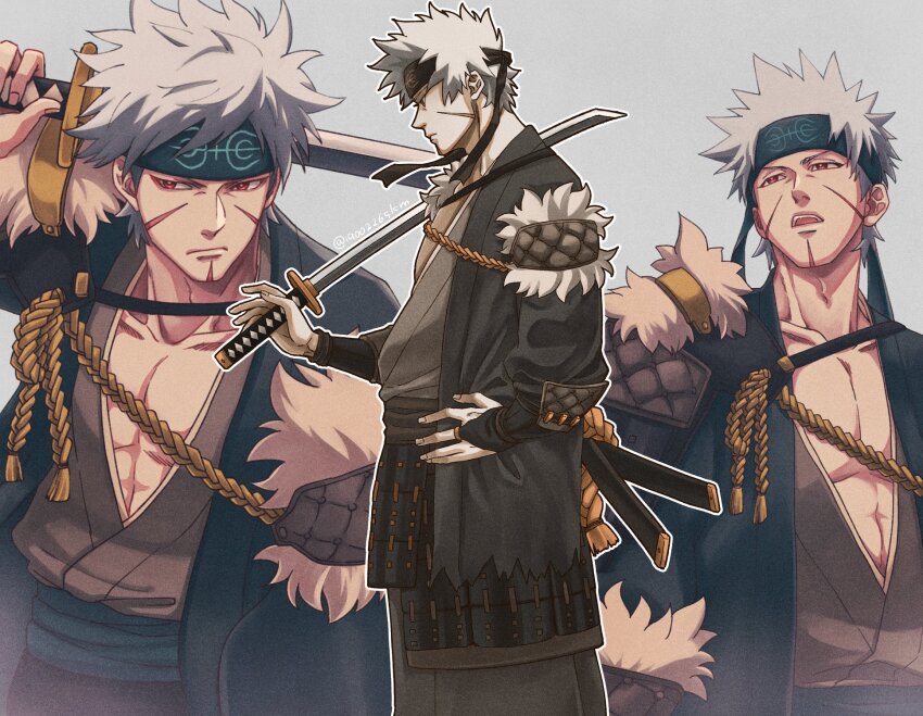 1boy black_jacket collarbone commentary_request grey_background hand_on_own_hip headband highres holding holding_sword holding_weapon jacket japanese_clothes kemu_(19002265km) kimono long_sleeves male_focus naruto_(series) open_mouth pectoral_cleavage pectorals red_eyes scar scar_on_face senju_tobirama short_hair simple_background spiked_hair sword weapon white_hair