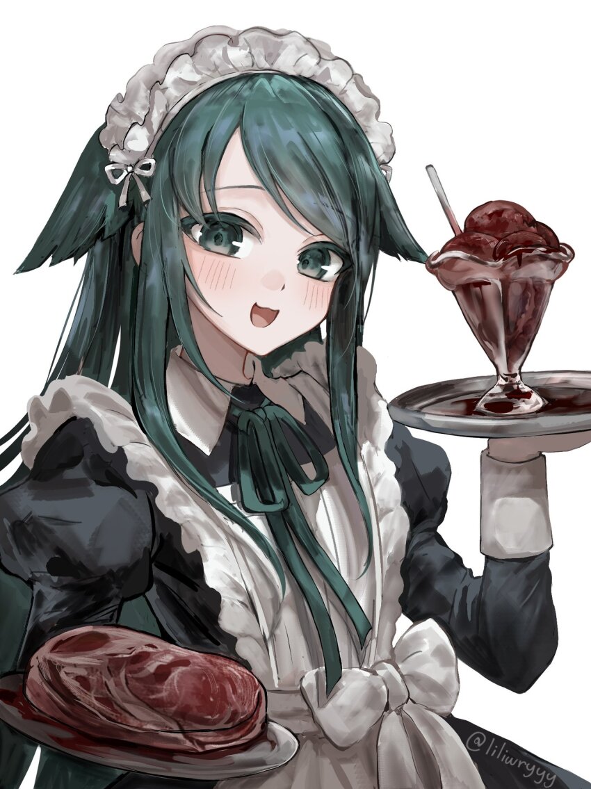 1girl :3 apron black_dress blood collared_dress dress drinking_straw food green_eyes green_hair green_ribbon hair_flaps hand_up highres holding holding_tray juliet_sleeves lilio long_hair long_sleeves looking_at_viewer maid maid_apron maid_headdress meat neck_ribbon open_mouth parted_bangs puffy_sleeves raw_meat ribbon saya_(saya_no_uta) saya_no_uta simple_background smile solo straight_hair tray twitter_username upper_body white_apron white_background white_headdress