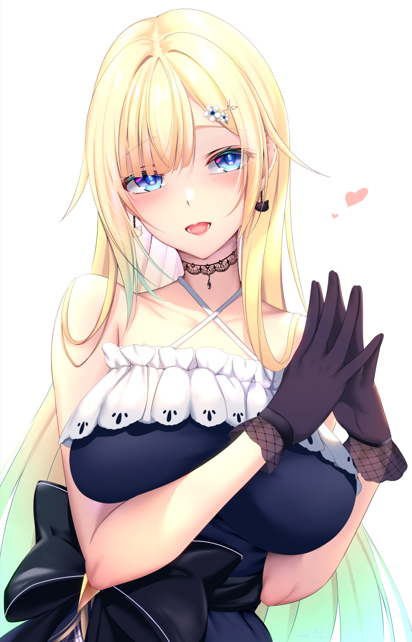 1girl absurdres aizawa_ema aizawa_ema_(1st_costume) bare_shoulders black_bow black_gloves black_sash blonde_hair blue_dress blue_eyes blue_hair bow breasts cat_earrings choker commentary criss-cross_halter dress earrings frilled_dress frills gloves gradient_hair hair_flaps hair_ornament hairclip halter_dress halterneck heart highres kaede_acer lace lace-trimmed_choker lace_choker lace_trim large_breasts long_hair looking_at_viewer multicolored_hair open_mouth sash simple_background solo steepled_fingers upper_body very_long_hair virtual_youtuber vspo! white_background