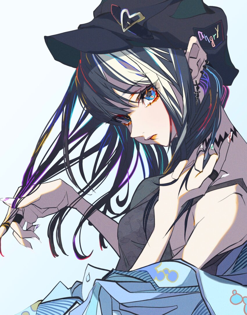 1girl accessories bare_shoulders black_hair black_hat blonde_hair blue_eyes blue_shirt breasts camisole ear_piercing earrings grey_camisole hand_in_own_hair hat highres jewelry looking_at_viewer looking_to_the_side masadaora medium_breasts multicolored_hair open_clothes open_shirt original piercing shirt simple_background solo streaked_hair white_background