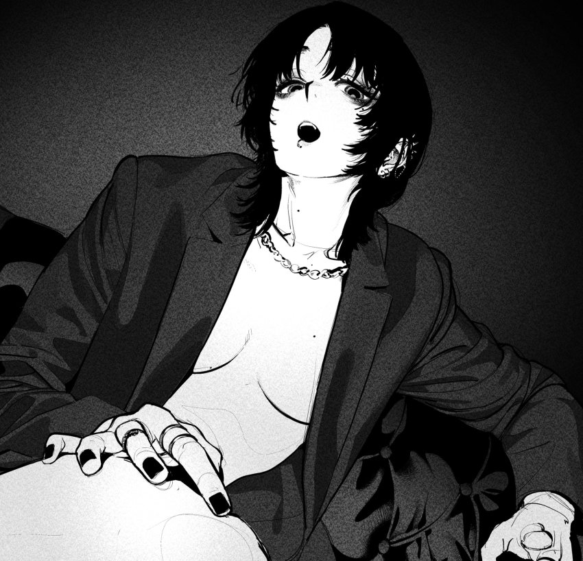 1girl breasts ear_piercing greyscale highres jacket jewelry lip_piercing medium_hair mole mole_on_breast mole_under_eye monochrome naked_jacket necklace no_bra open_mouth original piercing ring sitting solo souitiroukirari suit_jacket