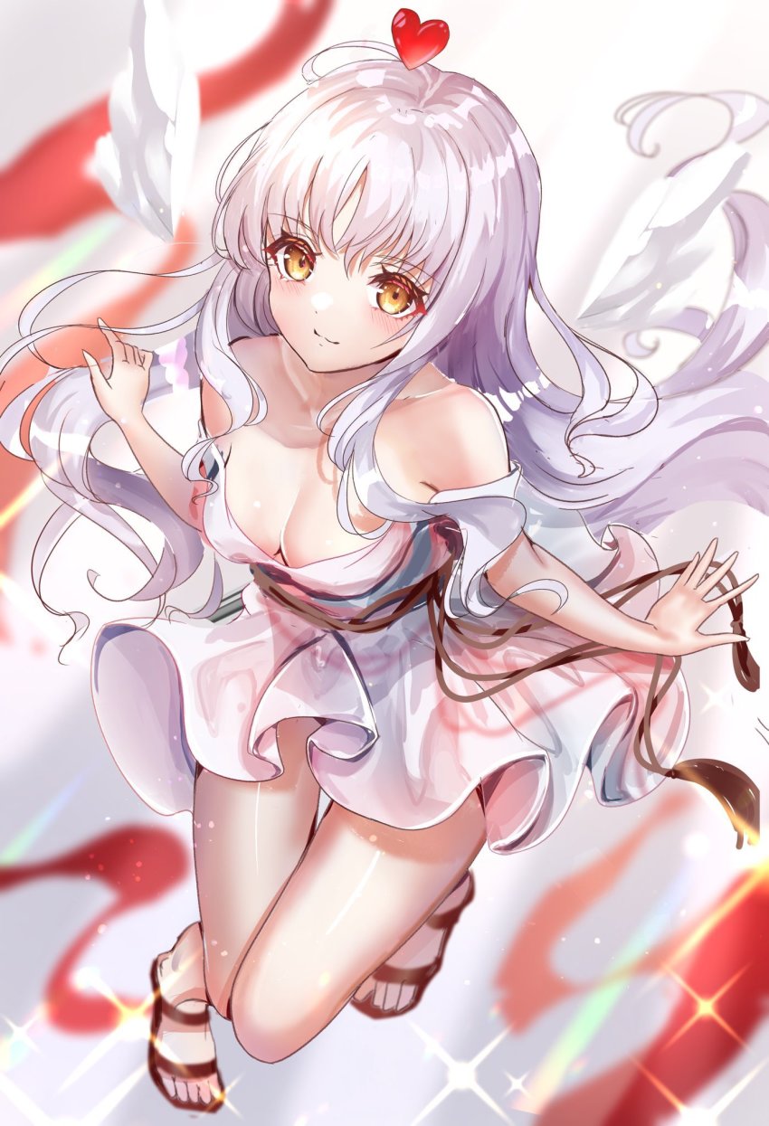 1girl armlet bare_shoulders bracelet breasts caren_hortensia caren_hortensia_(amor_caren) caren_hortensia_(amor_caren)_(first_ascension) chiachun0621 collarbone dress fate/grand_order fate_(series) heart highres jewelry long_hair looking_at_viewer medium_breasts revision sandals short_dress smile solo wavy_hair white_dress white_hair wings yellow_eyes