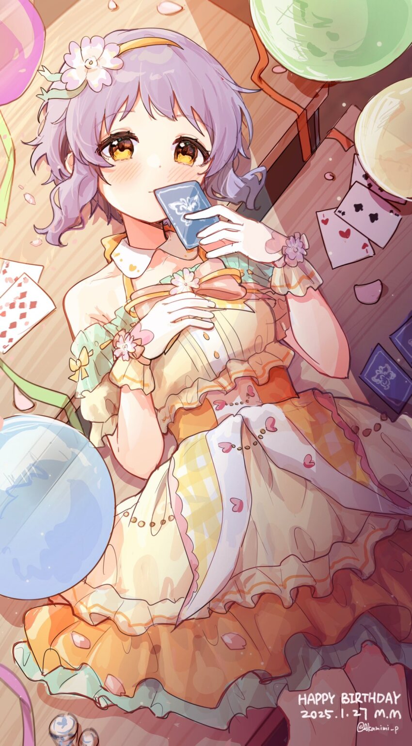 1girl balloon card dated detached_collar dot_nose dress eyelashes flower frilled_dress frilled_wrist_cuffs frills grey_hair hair_flower hair_ornament hairband happy_birthday highres holding holding_card idolmaster idolmaster_million_live! idolmaster_million_live!_theater_days lace lace-trimmed_dress lace_trim light_blush lying makabe_mizuki nnnn off-shoulder_dress off_shoulder on_back petals playing_card short_hair sidelocks solo twitter_username wavy_hair wing_collar wrist_cuffs yellow_dress yellow_eyes yellow_hairband