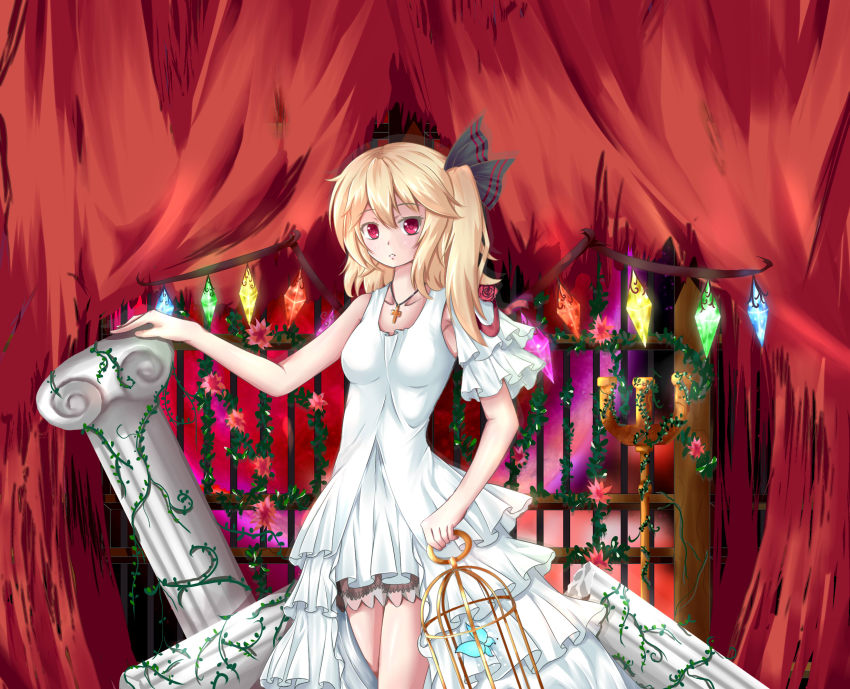 1girl alternate_costume arm_up armpits bare_shoulders birdcage blonde_hair breasts bug butterfly cage candlestand collarbone cross curtains dress female_focus flandre_scarlet flower full_moon hair_ribbon highres insect iron_bars jewelry looking_at_viewer medium_breasts mero_(3445036) mero_(ly21207) moon necklace parted_lips pillar plant red_eyes red_flower red_moon red_rose ribbon rose shadow short_hair side_ponytail sleeveless sleeveless_dress solo touhou vines wings