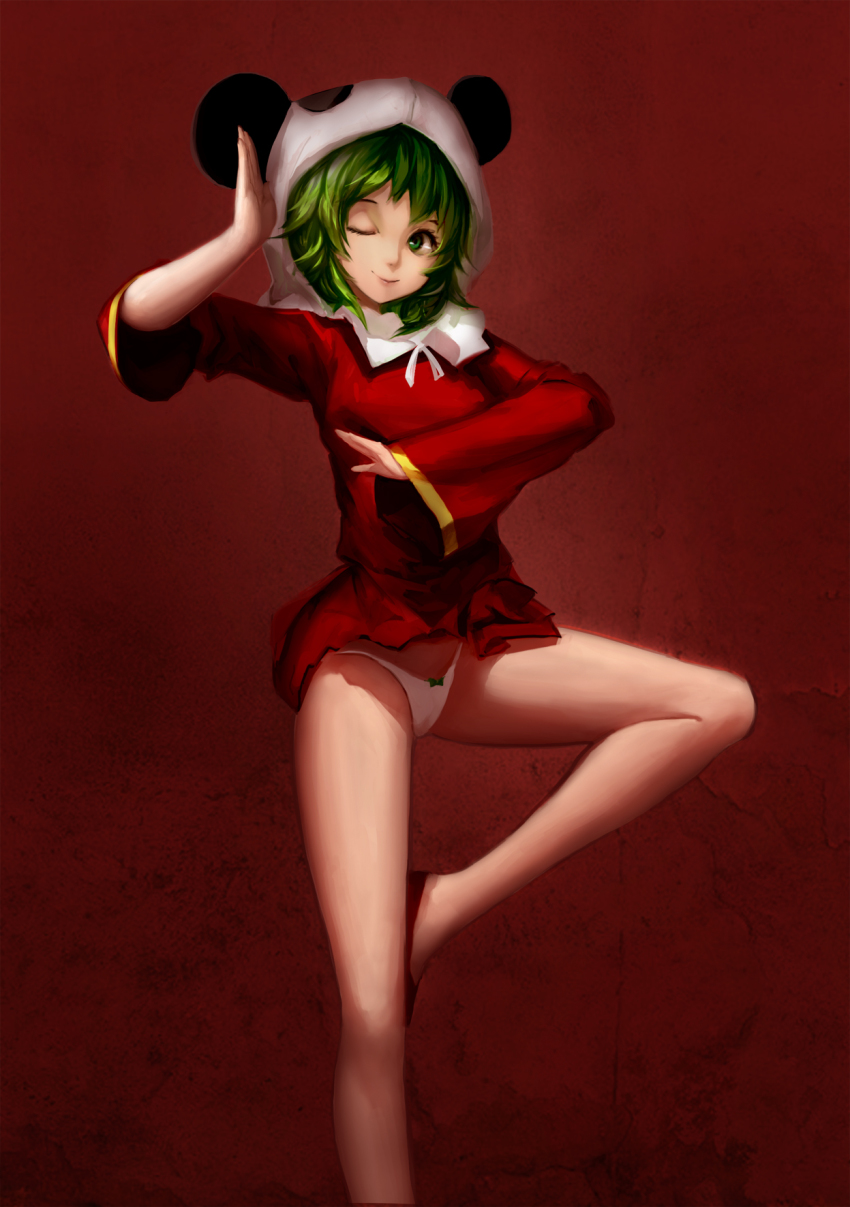 1girl blackrabbitsoul bow bow_panties chinese_clothes green_eyes green_hair gumi highres looking_at_viewer matching_hair/eyes one_eye_closed panda_hat panties pantyshot red_background short_hair smile solo standing standing_on_one_leg underwear vocaloid white_panties wink yi_er_fan_club_(vocaloid)