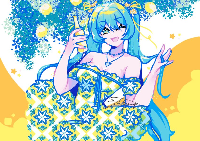 1girl aqua_eyes aqua_hair aryu bare_shoulders bottle breasts cleavage dress food fruit hair_ribbon hatsune_miku highres holding holding_bottle italy jewelry leaf lemon long_hair medium_breasts necklace one_eye_closed open_mouth print_dress ribbon short_sleeves smile solo twintails upper_body very_long_hair vocaloid worldwide_miku yellow_dress yellow_ribbon