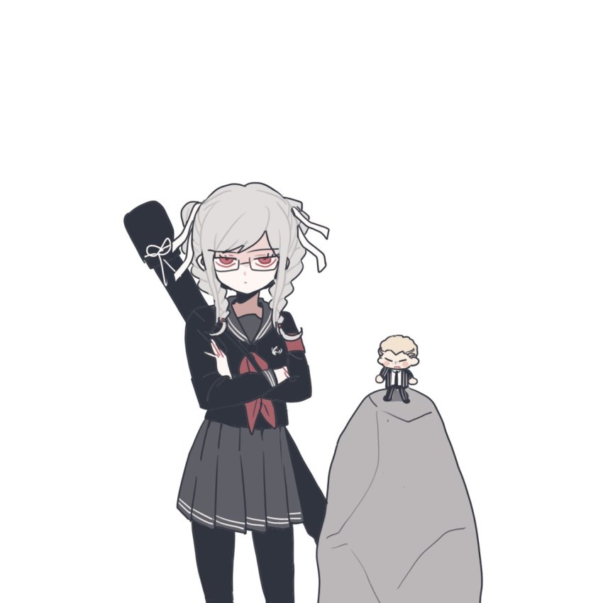 1boy 1girl armband black_jacket black_pantyhose black_serafuku black_shirt blonde_hair blush_stickers braid closed_mouth crossed_arms danganronpa_(series) danganronpa_2:_goodbye_despair frown gamhwa glasses grey_hair grey_sailor_collar grey_skirt hair_ribbon highres jacket kuzuryu_fuyuhiko long_hair long_sleeves looking_at_viewer mini_person miniboy neckerchief pantyhose pekoyama_peko pleated_skirt red_armband red_eyes red_neckerchief ribbon sailor_collar school_uniform serafuku shirt short_hair simple_background skirt standing twin_braids white_background white_ribbon