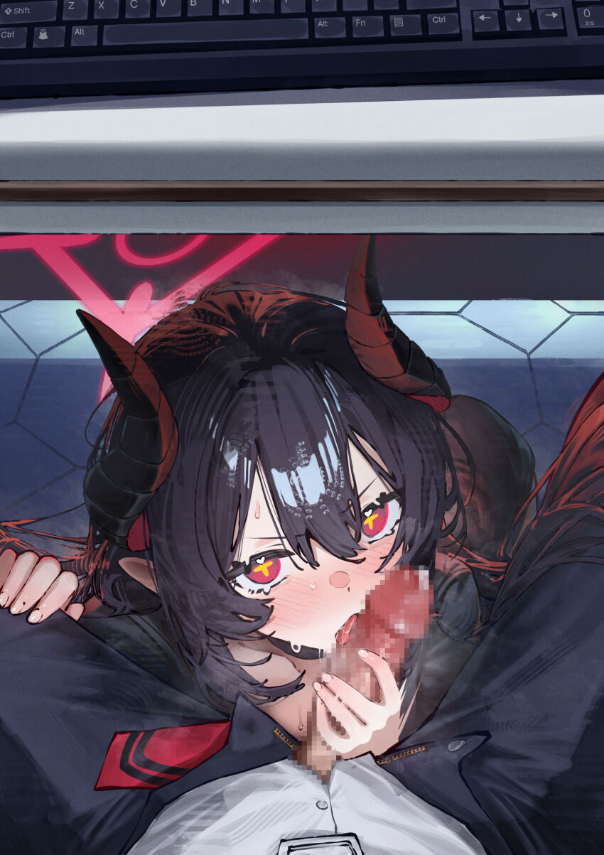 1boy 1girl bad_id bad_pixiv_id betabeet black_hair black_horns black_pants black_shirt blue_archive blush censored chiaki_(blue_archive) commentary computer_keyboard cross-shaped_pupils demon_girl demon_horns fellatio hair_between_eyes hetero highres horns licking licking_penis long_hair looking_at_viewer mosaic_censoring necktie oral pants penis pointy_ears pov precum red_eyes red_necktie saliva shirt sweat symbol-shaped_pupils under_table white_shirt