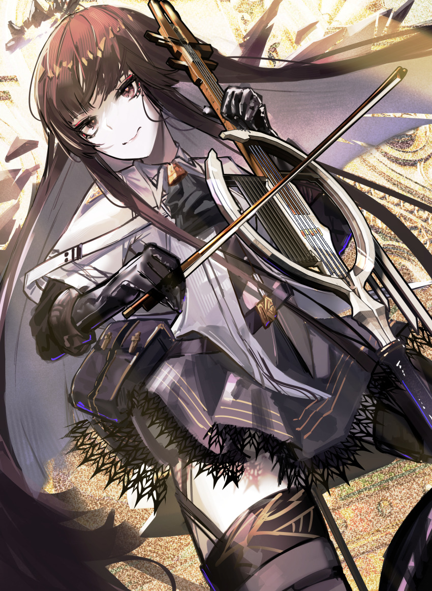 1girl absurdres arknights ascot black_ascot black_dress black_gloves black_hair black_halo black_thighhighs bow_(music) broken_halo brown_eyes closed_mouth cowboy_shot dark_halo detached_wings dress energy_wings gloves halo highres hime_cut holding holding_bow_(music) instrument jacket long_hair long_sleeves looking_at_viewer mole mole_under_eye music phazer_(phaazerofficial) playing_instrument sidelocks solo straight_hair thighhighs virtuosa_(arknights) wings