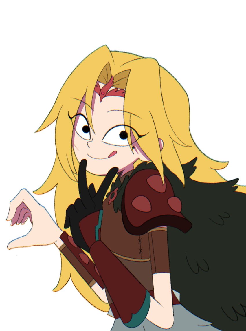 1girl :p amphibia armor blonde_hair cape from_side fur_cape fur_skirt gloves heart heart_hands heart_hands_duo highres long_hair looking_at_viewer mio_kakelike mole mole_under_eye parted_bangs resistance_costume_(amphibia) sasha_waybright shoulder_armor single_glove smile solo tongue tongue_out upper_body v white_background