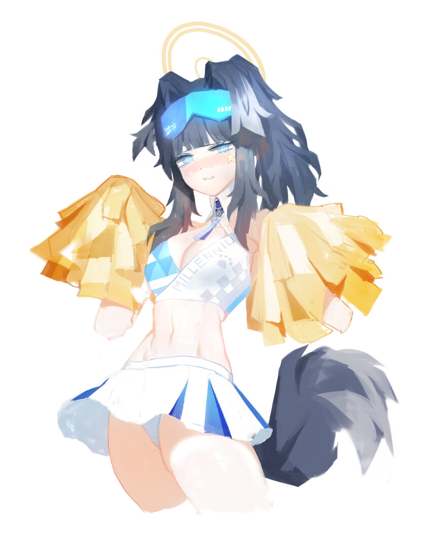 1girl animal_ears bare_shoulders black_hair blue_archive blue_eyes blush breasts cheerleader dog_ears dog_girl dog_tail eyewear_on_head goggles goggles_on_head halo hibiki_(blue_archive) hibiki_(cheer_squad)_(blue_archive) highres holding long_hair looking_at_viewer millennium_cheerleader_outfit_(blue_archive) nai_ga navel official_alternate_costume pom_pom_(cheerleading) skirt solo star_sticker sticker_on_face tail text_print white_skirt yellow_halo