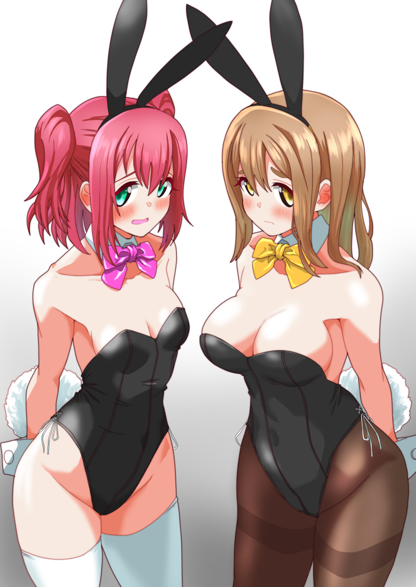 2girls absurdres animal_ears arms_behind_back black_leotard black_pantyhose bow bowtie breasts chokkakudo cleavage commission cowboy_shot detached_collar fake_animal_ears gradient_background green_eyes highres kunikida_hanamaru kurosawa_ruby leotard light_brown_hair long_hair looking_at_viewer love_live! love_live!_sunshine!! medium_breasts multiple_girls pantyhose pink_bow pink_bowtie playboy_bunny rabbit_ears rabbit_tail red_hair short_hair skeb_commission small_breasts strapless strapless_leotard tail thighband_pantyhose thighhighs two_side_up white_background white_thighhighs wrist_cuffs yellow_bow yellow_bowtie yellow_eyes