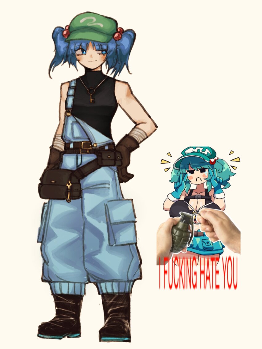 1girl alternate_costume black_footwear black_tank_top blue_eyes blue_hair blue_overalls boots closed_mouth english_text explosive flat_cap gloves green_hat grenade hair_bobbles hair_ornament hat highres jewelry kawashiro_nitori key notnoe_(dxcl) overalls pendant simple_background tank_top touhou two_side_up vanima_viii yellow_background