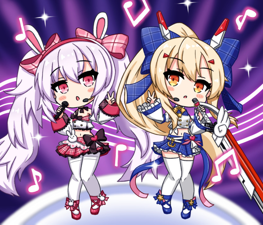 2girls anchor animal_ears ayanami_(azur_lane) ayanami_(low-key_idol_@confused)_(azur_lane) azur_lane bare_shoulders belt blonde_hair bow chibi choker commentary_request concert detached_sleeves fake_animal_ears frilled_skirt frilled_sleeves frills full_body greatsword hair_between_eyes hair_bow hair_ornament hair_ribbon hairband hairclip headgear headset highres holding holding_microphone holding_sword holding_weapon laffey_(azur_lane) laffey_(bunny_idol_@unmotivated)_(azur_lane) light_purple_hair long_hair looking_at_viewer microphone midriff multiple_girls music musical_note navel orange_eyes parted_lips plaid_clothes plaid_skirt pleated_skirt ponytail rabbit_ears red_eyes retrofit_(azur_lane) ribbon shinryu sidelocks singing skirt sword thighhighs twintails v weapon white_legwear wide_sleeves zettai_ryouiki