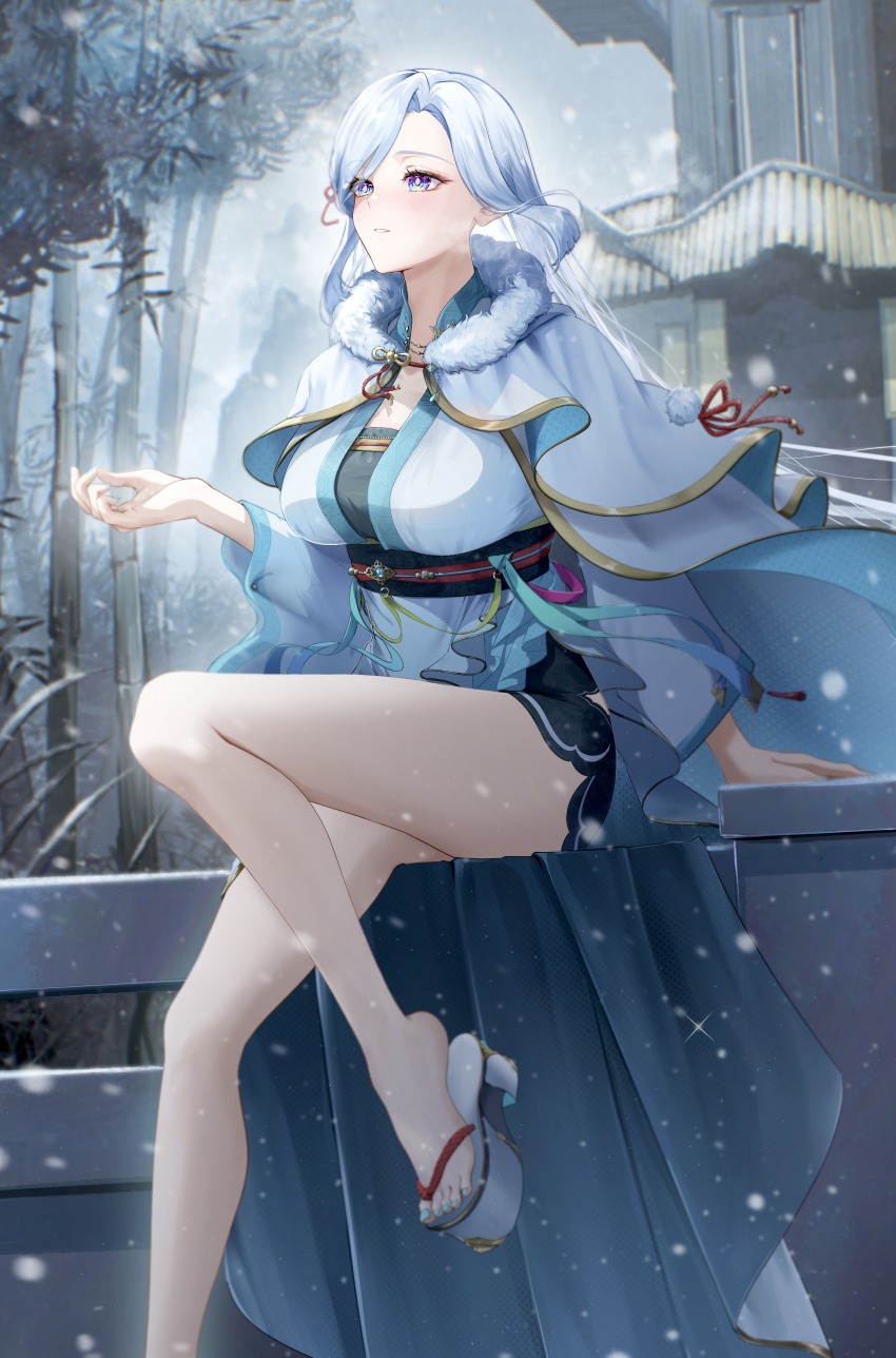 1girl absurdres alternate_costume arano0910 black_shorts blue_eyes blue_nails breath cape chinese_clothes dress feet fur-trimmed_cape fur_trim genshin_impact grey_hair highres leg_up long_hair outdoors parted_lips sandals shenhe_(genshin_impact) shorts sitting snowing solo toes white_cape white_dress white_hair