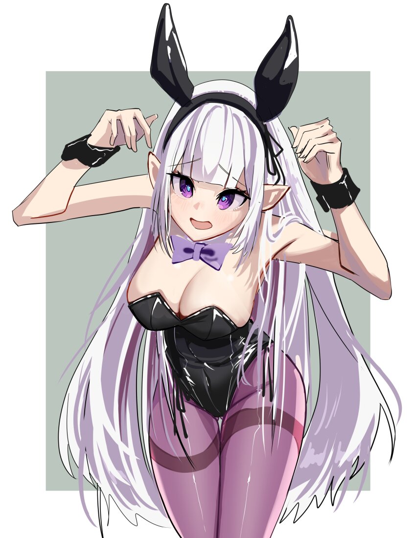 1girl absurdres animal_ears bare_shoulders black_leotard bow bowtie breasts cleavage covered_navel elf emilia_(re:zero) fake_animal_ears gluteal_fold hair_ribbon highleg highleg_leotard highres knees_up large_breasts leotard long_hair looking_at_viewer pantyhose playboy_bunny pointy_ears purple_eyes purple_pantyhose rabbit_ears re:zero_kara_hajimeru_isekai_seikatsu ribbon secondhand9280 side-tie_leotard simple_background smile solo strapless strapless_leotard traditional_bowtie white_hair wrist_cuffs