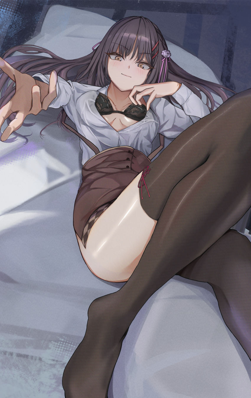 1girl absurdres black_bra black_hair black_thighhighs blush bra breasts breasts_apart brown_eyes brown_skirt cafe_stella_to_shinigami_no_chou closed_mouth collared_shirt commentary convenient_leg dutch_angle foot_out_of_frame foreshortening hair_between_eyes hair_ornament hair_ribbon hair_spread_out hairclip hand_up high-waist_skirt highres indoors knee_up long_hair long_sleeves looking_at_viewer lying medium_breasts no_shoes on_back on_bed open_clothes open_shirt outstretched_arm partially_unbuttoned pink_ribbon reaching reaching_towards_viewer ribbon shiki_natsume shirt skirt smile solo strap_slip suspender_skirt suspenders thighhighs thighs tsurime underwear westgon white_shirt