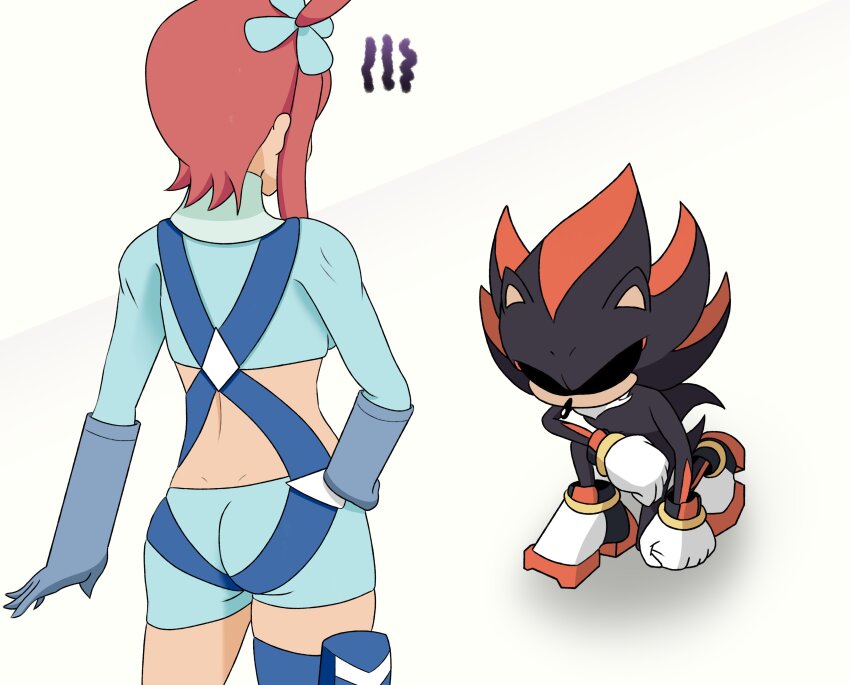 1boy 1girl 2024_pokemon_teraleak absurdres animal_ears animal_nose arm_at_side ass back bayzero bent_over black_fur blue_gloves blue_shorts body_fur bracelet breasts clenched_hand closed_eyes confused creatures_(company) crop_top cropped_jacket furry furry_male game_freak gloves gold_bracelet hand_on_ground hand_on_own_hip hedgehog_boy highres i_just_love_latinas_sonic_(meme) jewelry kneeling meme midriff nintendo on_one_knee one_side_up pokemon pokemon_bw pouch red_fur red_hair shadow_the_hedgehog short_shorts short_tail shorts sidelocks skyla_(pokemon) sonic_(series) tail thigh_pouch two-tone_fur white_gloves