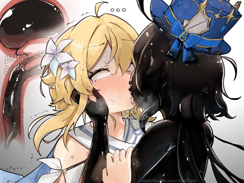 2girls ahoge alterkyon blonde_hair corruption crying crying_with_eyes_open flower forced_kiss furina_(genshin_impact) genshin_impact hair_flower hair_ornament hat highres kiss latex lumine_(genshin_impact) multiple_girls rolling_eyes short_hair_with_long_locks slime_(substance) tears top_hat x-ray yellow_eyes