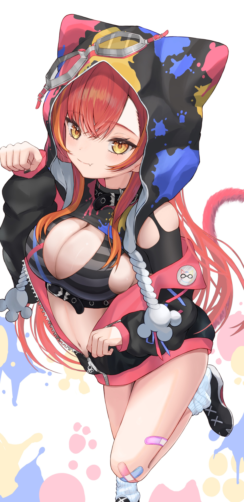 1girl 1ruq absurdres bandaid bandaid_on_leg black_footwear black_nails breasts cat_girl cat_tail cleavage closed_mouth fang hand_up highres long_sleeves navel nekota_tsuna red_hair shoes simple_background smile socks solo standing standing_on_one_leg tail virtual_youtuber vspo! white_background white_socks yellow_eyes