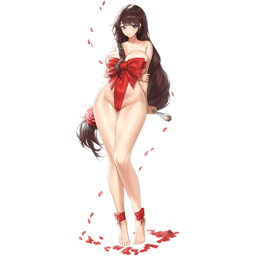 1girl ankle_ribbon arm_behind_back axoo braid breast_press breasts brown_hair cameltoe chocolate cleavage cleft_of_venus closed_mouth collarbone covered_navel daphne_(last_origin) falling_petals feet flower full_body gluteal_fold grey_eyes hair_flower hair_ornament highres holding holding_own_arm holding_whisk huge_breasts last_origin leg_ribbon legs light_smile long_hair looking_at_viewer naked_ribbon official_alternate_costume official_art petals petals_on_ground red_flower red_ribbon red_rose ribbon rose rose_petals side_braid simple_background single_braid solo standing tachi-e third-party_source tiptoes toenails toes transparent_background valentine whisk