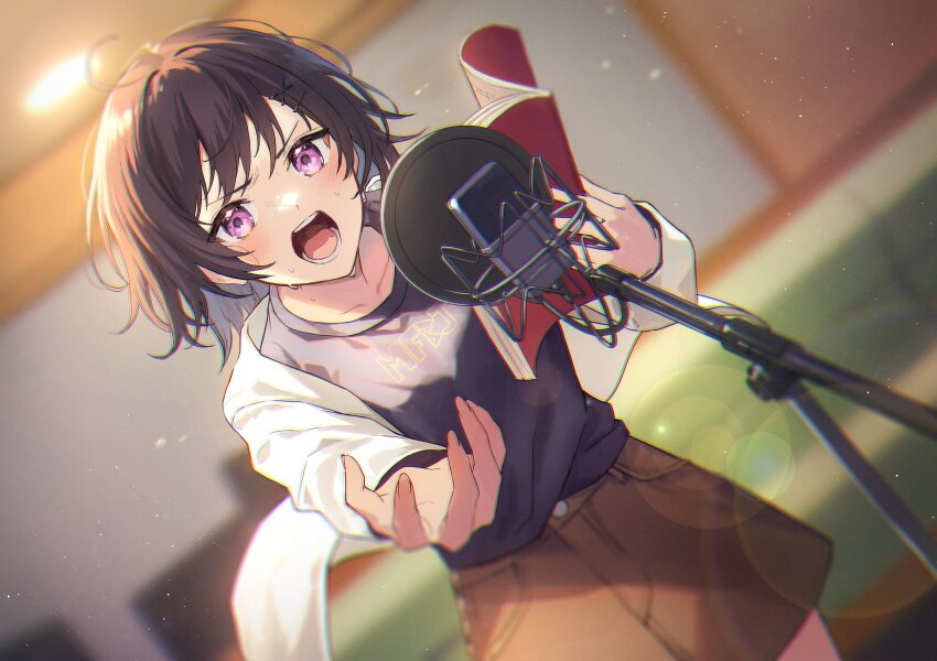 1girl absurdres black_hair blurry blush brown_skirt cowboy_shot depth_of_field dutch_angle gogo_4-ji_toumei_tokidoki_seiyuu highres holding ichikawa_haru indoors jacket lens_flare long_sleeves looking_at_viewer microphone microphone_stand novel_illustration official_art open_clothes open_jacket open_mouth outstretched_arm pop_filter purple_eyes shirt short_hair shouting skirt solo studio_microphone sweat teeth textless_version v-shaped_eyebrows white_jacket