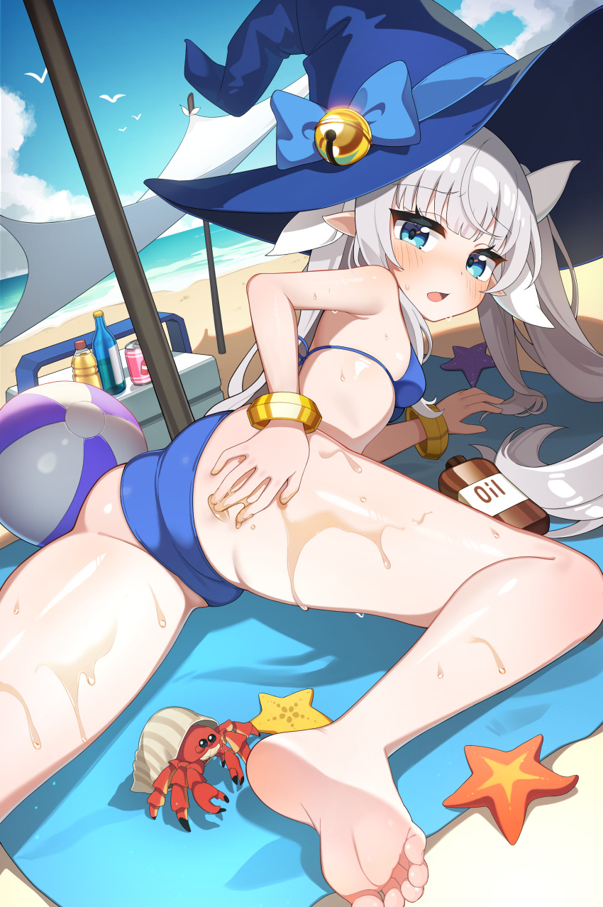 1girl absurdres ass ball barefoot beach beachball bell bikini blue_bikini blue_bow blue_eyes blue_hat blush bow breasts character_request commission crab feet from_behind grey_hair hat hat_bell hat_bow highres jingle_bell long_hair looking_at_viewer lying mearyo open_mouth original outdoors pointy_ears small_breasts soles solo starfish swimsuit toes twintails wet witch_hat