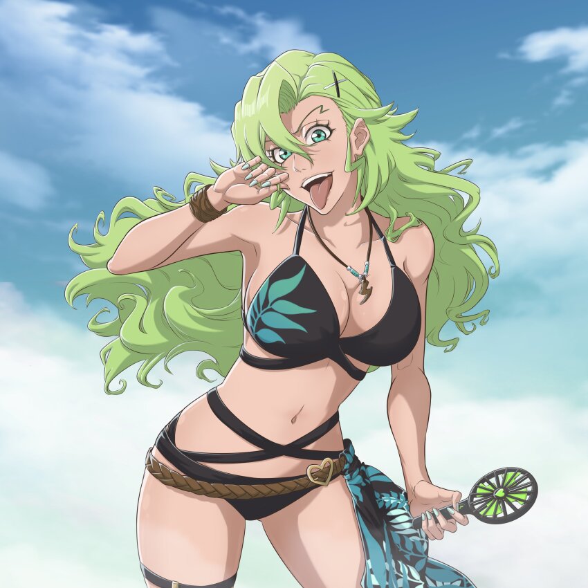 1girl absurdres bikini bleach bleach:_brave_souls bleach:_sennen_kessen-hen breasts candice_catnipp cleavage green_eyes green_hair highres jewelry large_breasts long_hair nail_polish navel necklace official_alternate_costume solo sonzhondaya swimsuit tongue tongue_out