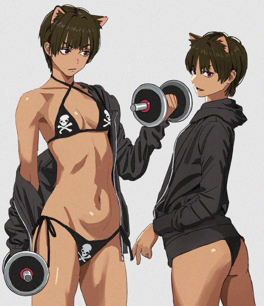 1girl animal_ears bikini black_hair breasts dark-skinned_female dark_skin exercising highres hood hoodie multiple_views navel original shiren_(ourboy83) short_hair side-tie_bikini_bottom simple_background single_bare_shoulder solo string_bikini swimsuit tan tomboy very_short_hair weightlifting white_background