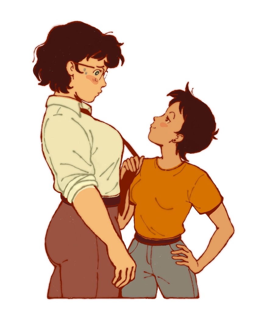 2girls black_hair blue_eyes blush_stickers brown_eyes clark_kent clothes_grab collared_shirt cropped_legs d-e-r-i dark-skinned_female dark_skin dc_comics denim earrings eye_contact from_side genderswap genderswap_(mtf) glasses hand_on_own_hip height_difference highres jeans jewelry lois_lane looking_at_another multiple_girls my_adventures_with_superman necktie necktie_grab neckwear_grab pants shirt short_hair sleeves_rolled_up stud_earrings superman_(series) sweat t-shirt white_background yuri