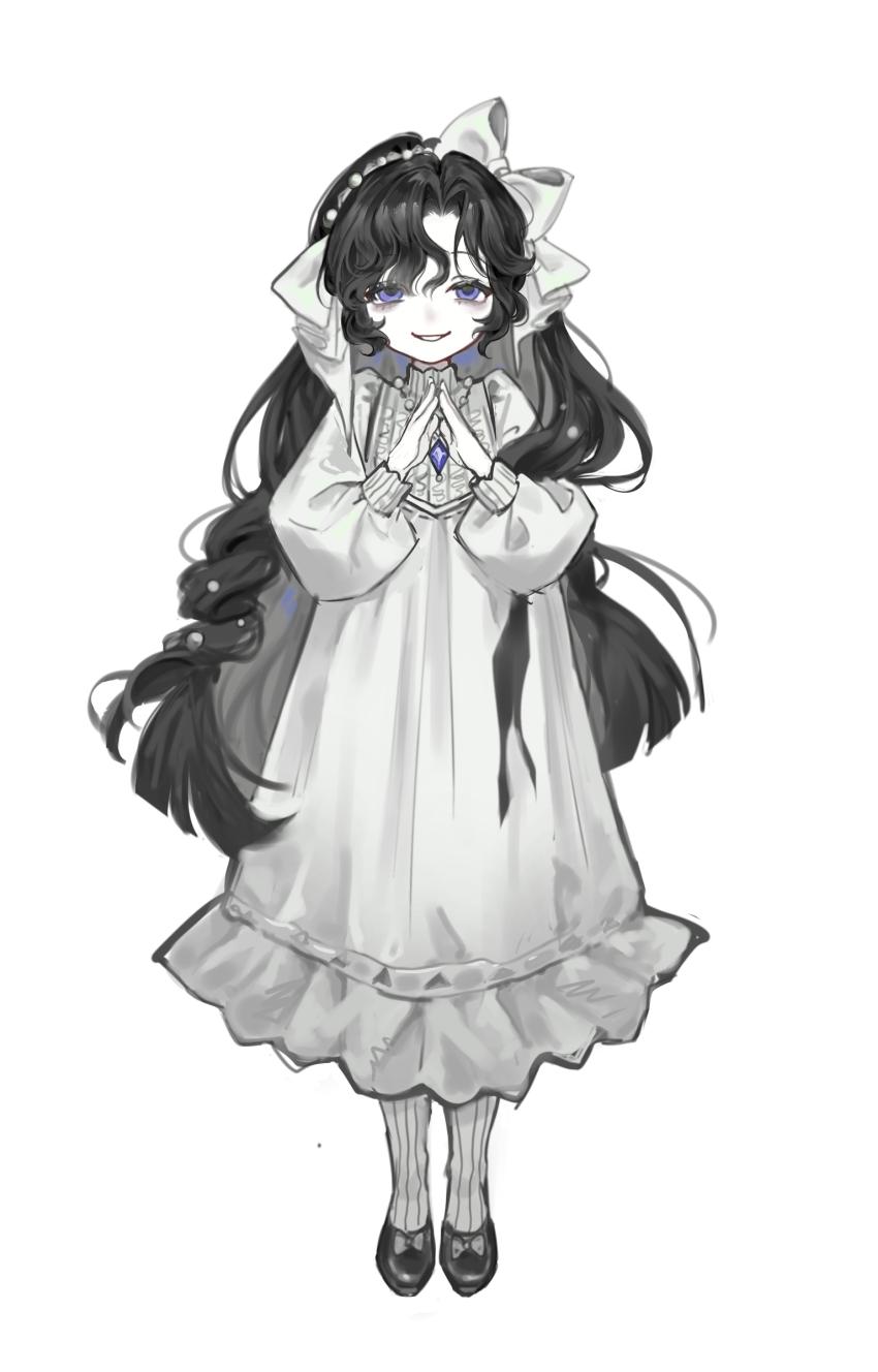 1girl aged_down black_footwear black_hair bow dress full_body grin hair_bow highres isolde_(reverse:1999) long_dress long_hair long_sleeves mugugu own_hands_together pale_skin puffy_long_sleeves puffy_sleeves purple_eyes reverse:1999 smile socks solo straight-on trapeze_dress very_long_hair white_background white_bow white_dress white_socks