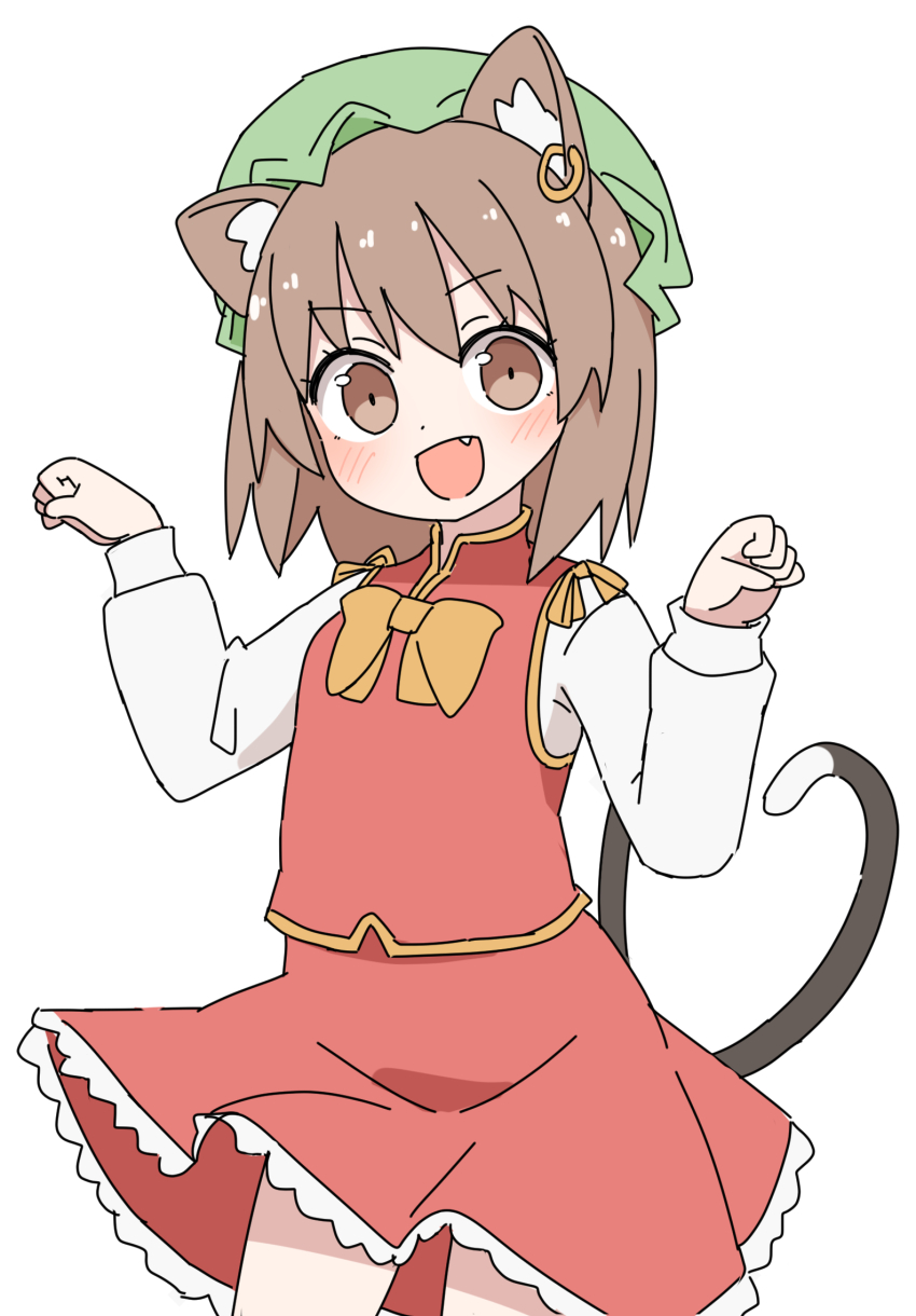 1girl :d animal_ear_fluff animal_ear_piercing animal_ears blush bow bowtie breasts brown_eyes brown_hair cat_ears cat_tail chen commentary_request contrapposto cowboy_shot earrings fang gold_trim hands_up happy highres jewelry long_sleeves looking_at_viewer medium_hair multiple_tails nekomata nihohohi open_mouth paw_pose puffy_long_sleeves puffy_sleeves red_skirt red_vest simple_background single_earring skirt skirt_set small_breasts smile solo tail touhou two_tails v-shaped_eyebrows vest white_background yellow_bow yellow_bowtie