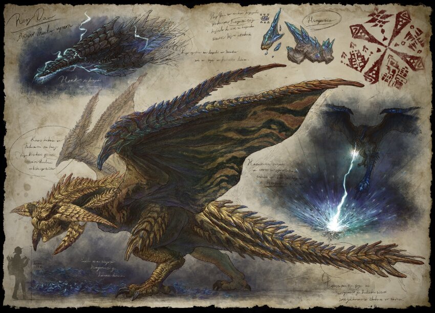 absurdres animal_focus black_border border breath_weapon breathing_lightning dragon electricity full_body highres horns kuribatake monster monster_hunter_(series) monster_hunter_wilds multiple_views no_humans paper_texture rey_dau tail wings wyvern yellow_background