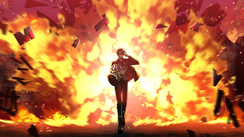 1boy absurdres business_suit explosion facing_viewer flower formal highres holding holding_flower male_focus nijisanji nijisanji_id suit sunglasses taka_radjiman virtual_youtuber yaku_(999ykseo)