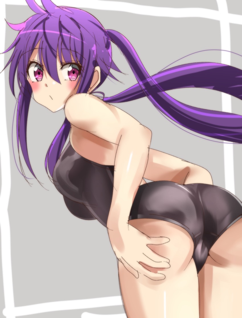 1girl ass bad_id bad_pixiv_id bent_over black_one-piece_swimsuit black_school_swimsuit blush breasts cowboy_shot ebisuzawa_kurumi floating_hair from_behind gakkou_gurashi! grey_background hair_between_eyes highres long_hair looking_at_viewer looking_back medium_breasts one-piece_swimsuit purple_eyes purple_hair school_swimsuit sidelocks sinakyo sketch solo standing swimsuit twintails very_long_hair