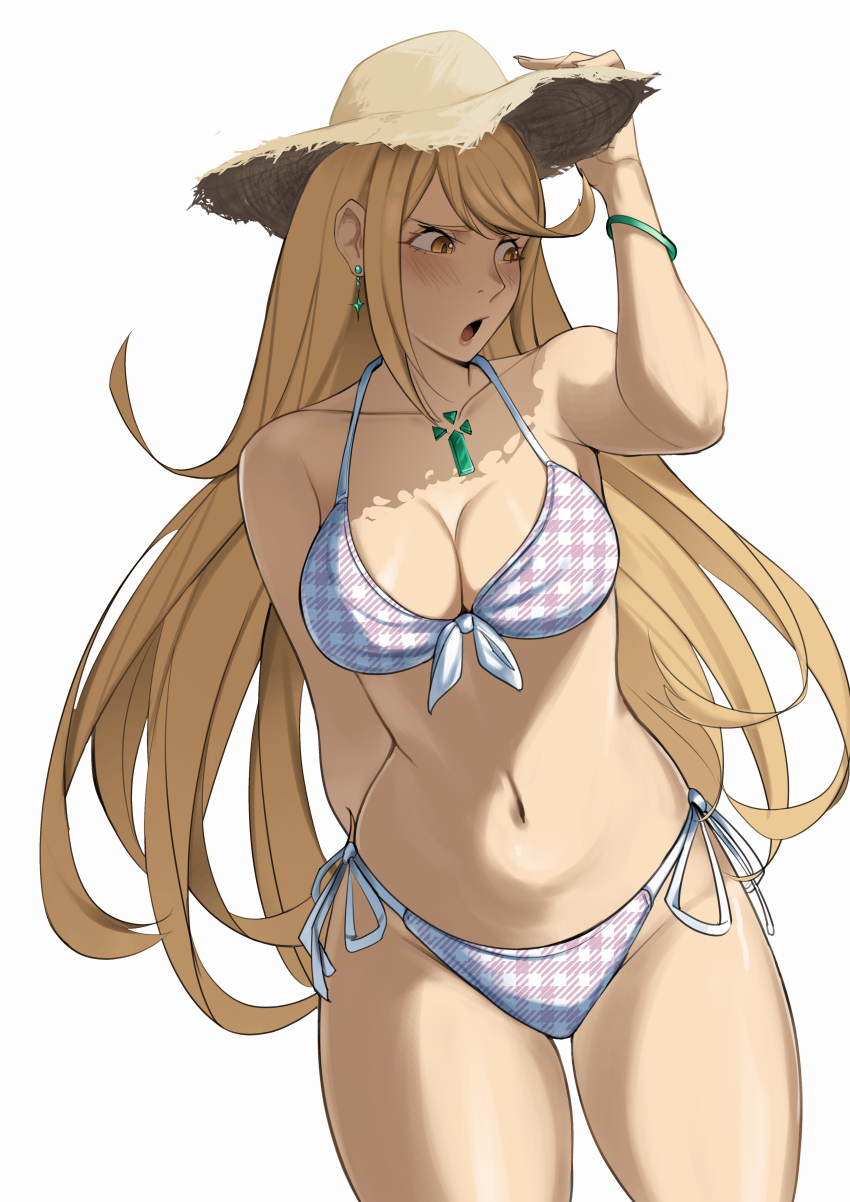 1girl absurdres bikini blonde_hair bracelet breasts collarbone core_crystal_(xenoblade) cowboy_shot deliciousbrain earrings hat highres jewelry large_breasts long_hair mythra_(xenoblade) navel open_mouth simple_background solo stomach sun_hat swept_bangs swimsuit very_long_hair white_background white_bikini xenoblade_chronicles_(series) xenoblade_chronicles_2 yellow_eyes