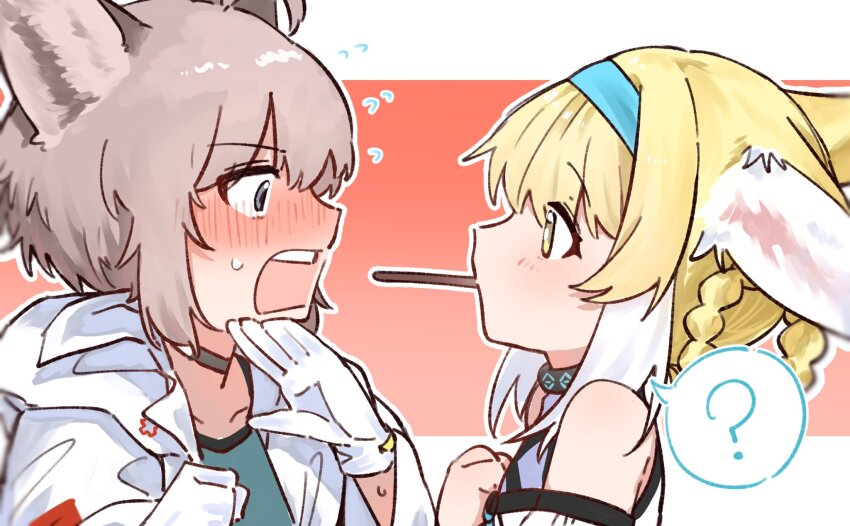 2girls ? animal_ears arknights bare_shoulders black_choker blonde_hair brown_hair choker commentary_request cross embarrassed eye_contact face-to-face flying_sweatdrops food food_in_mouth from_side gloves greek_cross grey_eyes hair_rings highres infection_monitor_(arknights) jacket looking_at_another mouth_hold multiple_girls open_mouth outline pocky pocky_day pocky_in_mouth profile short_hair sketch spoken_question_mark sussurro_(arknights) suzuran_(arknights) sweatdrop teeth upper_body upper_teeth_only white_gloves white_jacket white_outline yellow_eyes yunomi_(yunomi1129) yuri