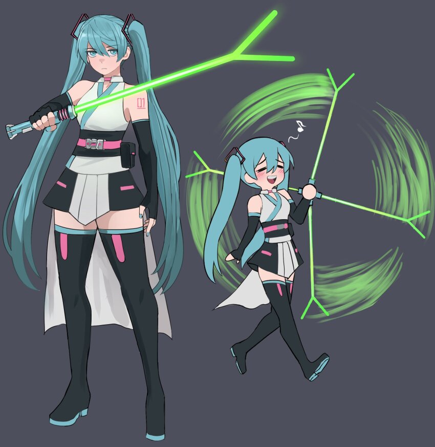 1girl alternate_costume arm_tattoo bare_shoulders belt black_gloves blue_eyes blue_hair blue_nails blush boots closed_eyes closed_mouth dark_background elbow_gloves energy_sword fingerless_gloves full_body gloves grey_background hair_between_eyes hatsune_miku highres holding_lightsaber jourd4n lightsaber long_hair looking_ahead musical_note shirt skirt sleeveless sleeveless_shirt solo standing star_wars sword tattoo thigh_boots twintails very_long_hair vocaloid walking weapon