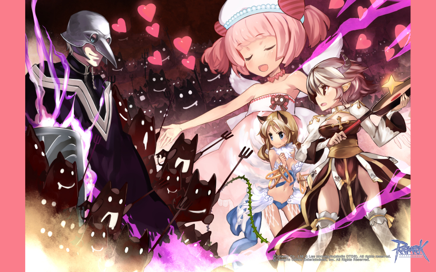 1boy 3girls animal_ears arch_bishop_(ragnarok_online) bangle bikini blonde_hair blue_bikini blue_eyes bracelet bracer breasts brown_dress brown_eyes brown_sash cat_ears chocolat_basinio cleavage cleavage_cutout closed_eyes closed_mouth clothing_cutout copyright_notice creature cross demon deviruchi dress feather_trim feathered_wings feet_out_of_frame fishnet_thighhighs fishnets flat_chest frilled_thighhighs frills frying_pan geffen_guard grey_hair grey_horns hat heart helmet highres holding holding_frying_pan horns jewelry juliet_sleeves logo long_hair long_sleeves looking_at_another looking_to_the_side medium_breasts mismatched_bikini multiple_girls official_art official_wallpaper okishiji_en open_mouth pink_hair pitchfork pointy_ears puffy_sleeves ragnarok_online short_hair smile swimsuit thighhighs two-tone_dress two_side_up wanderer_(ragnarok_online) white_bikini white_dress white_hat white_thighhighs white_wings wings