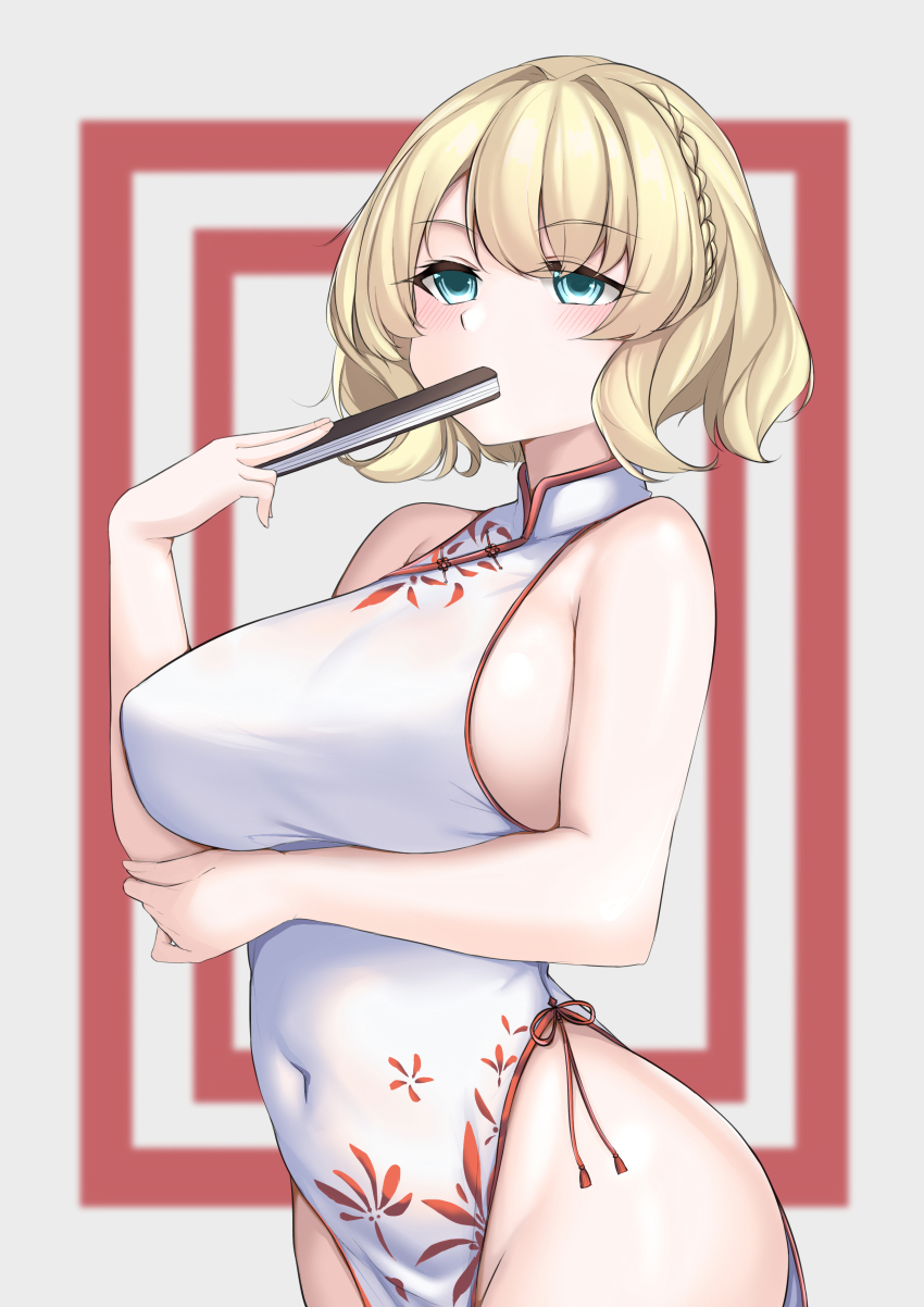 1girl absurdres blonde_hair blue_eyes blush braid breasts china_dress chinese_clothes colorado_(kancolle) covered_navel dress floral_print folded_fan folding_fan hair_ornament hand_fan highres holding holding_fan jiangyou_dang kantai_collection large_breasts looking_at_viewer pelvic_curtain short_hair sleeveless smile solo white_background white_dress