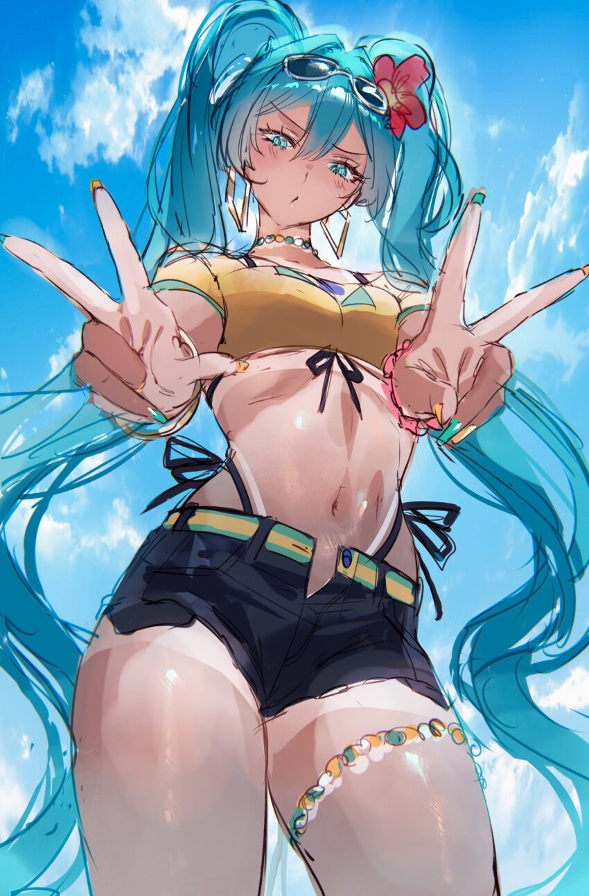 1girl absurdres aqua_eyes aqua_hair bikini bikini_under_clothes bikini_under_shorts black_shorts blue_sky bracelet brazilian_flag brazilian_flag_print brazilian_miku breasts collarbone cowboy_shot denim denim_shorts double_v earrings eyewear_on_head flower from_below hair_flower hair_ornament hatsune_miku highres jewelry long_hair medium_breasts nail_polish navel open_fly qiandaiyiyu shirt shorts sky solo stomach swimsuit tan tanline thighs twintails v vocaloid yellow_shirt